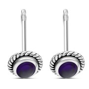 Medium Oval Amethyst Stone Stud Silver Earrings, e335